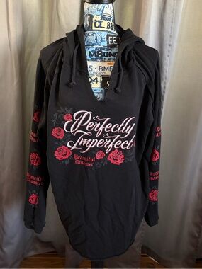 Perfectly Imperfect Beautiful Disaster Black Hoodie with Red Rose Graphic